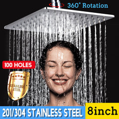 8 Inch Shower Head Large Waterfall 360 Rotation Square 201/304 Stainless Steel