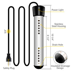1500W Immersion Electric Heater Portable Stainless-steel Cover Submersible Water Heater with Digital Thermometer for Inflatable Pool Bathtub