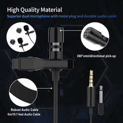 Dual Head Condenser Lavalier Omnidirectional Microphone 6M Long Cable Lapel Mic for Smartphone Camera Tablet Recording