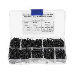 M3CP1 500Pcs M3 Phillips Screw Black Zinc-Plated Carbon Steel Pan Head Self Tapping Woodworking Screws Assortment Kit