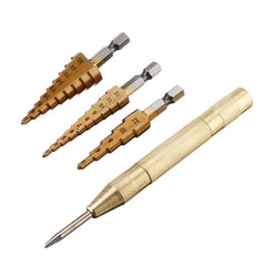 4pcs HSS Titanium Coated Step Drill Bit with Automatic Center Pin Punch 3-12/4-12/4-20mm Step Drill