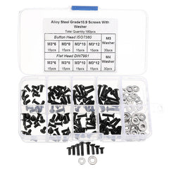 M3CH8 M3 Carbon Steel Hex Socket Flat Head Button Head Screws Flat Washers Assortment 180pcs
