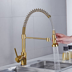 Luxury Gold Kitchen Sink Faucets Brass Single Lever Pull Out Spring Spout Mixers Tap Hot Cold Water Crane