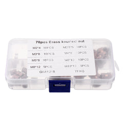 70Pcs M2/M2.5/M3/M4/M5/M6/M8/M10 Knurled Brass Round Female Thread Knurled Nuts Round Insert Embedment Nut Assortment Set