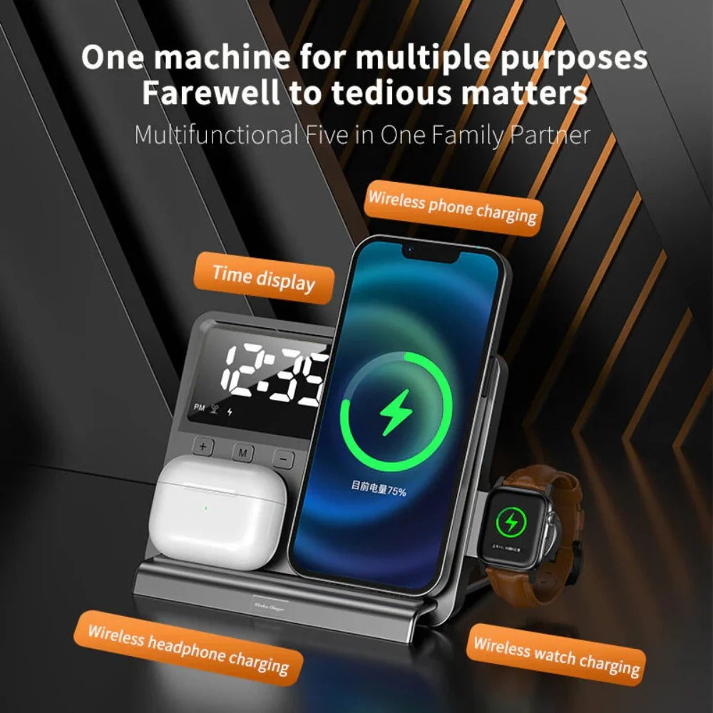 Multifunctional 4-in-1 Wireless Charger Station for Phones, Apple Watch & Earbuds - Fast Charging, Black, ABS Plastic