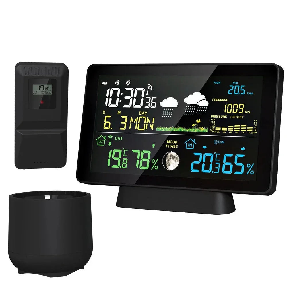 Multi-Function Wireless Weather Station - Indoor/Outdoor Thermometer with Rain Gauge, Humidity, Pressure & Color Screen Alarm Clock