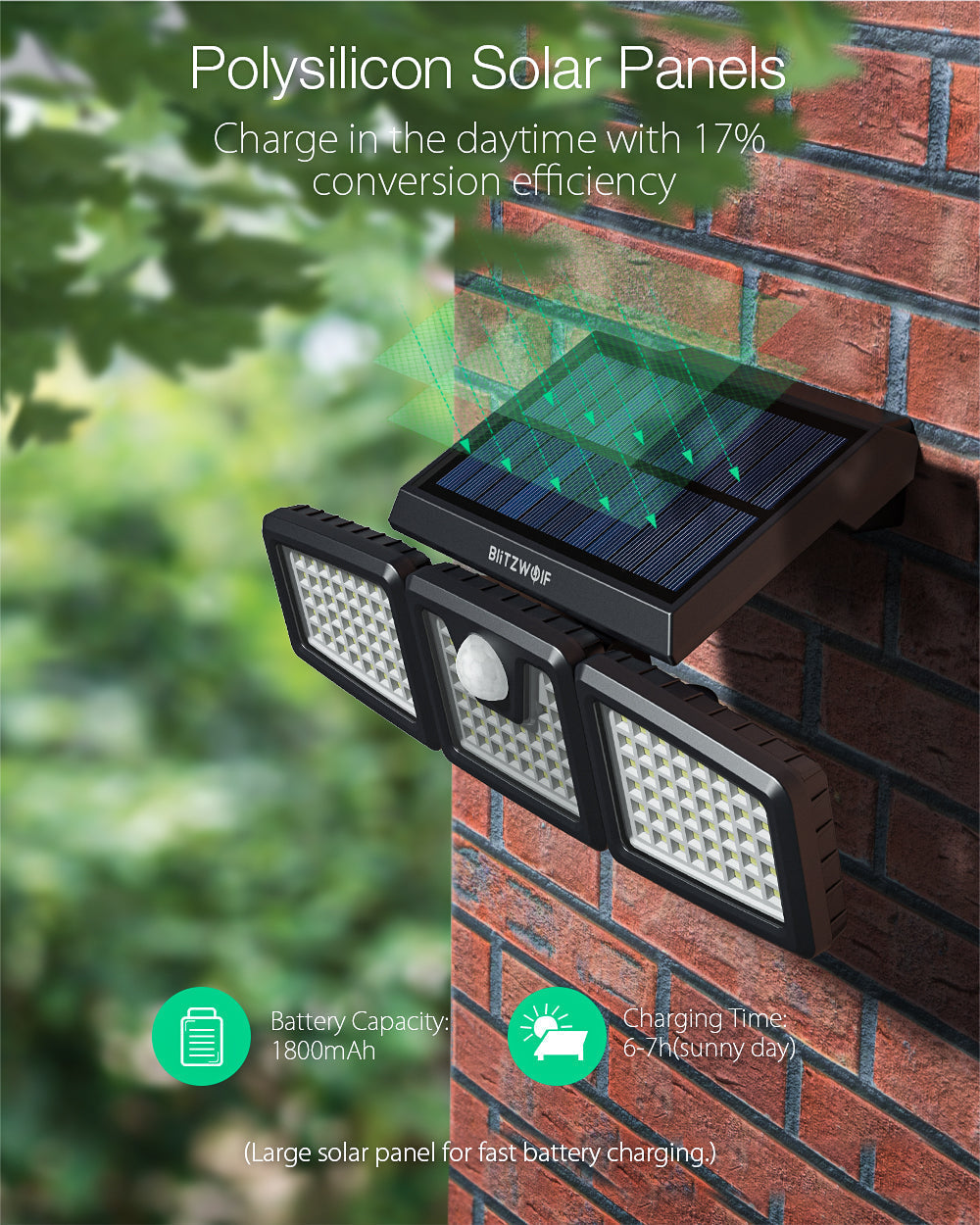 Rotatable 3 Heads Adjustable Waterproof 120PIR Sensor Solar Flood Light 6500K White Light