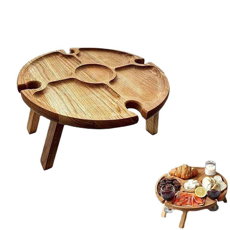 Wooden Outdoor Folding Picnic Table With Glass Holder Round Foldable Desk Wine Glass Rack Collapsible Camping Table for Party
