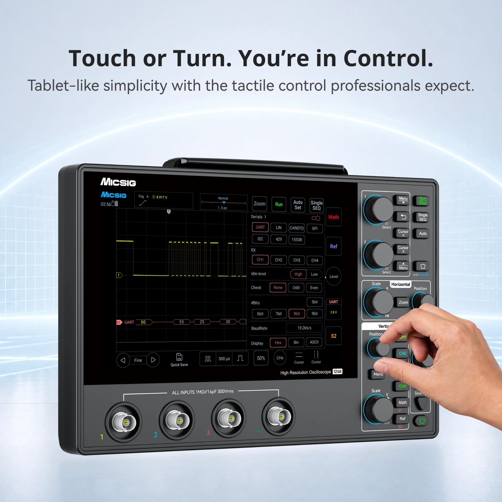 100MHz Tablet Oscilloscope, 4 Channels, 12-Bit Resolution, 1GSa/s, 110Mpts Memory & 8-Inch Touchscreen