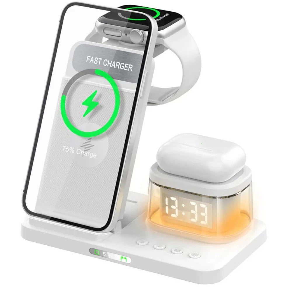 15W Fast Wireless Charger Stand with Type-C, Compatible with Phones, Watches, Earphones - Black/White, Durable Design