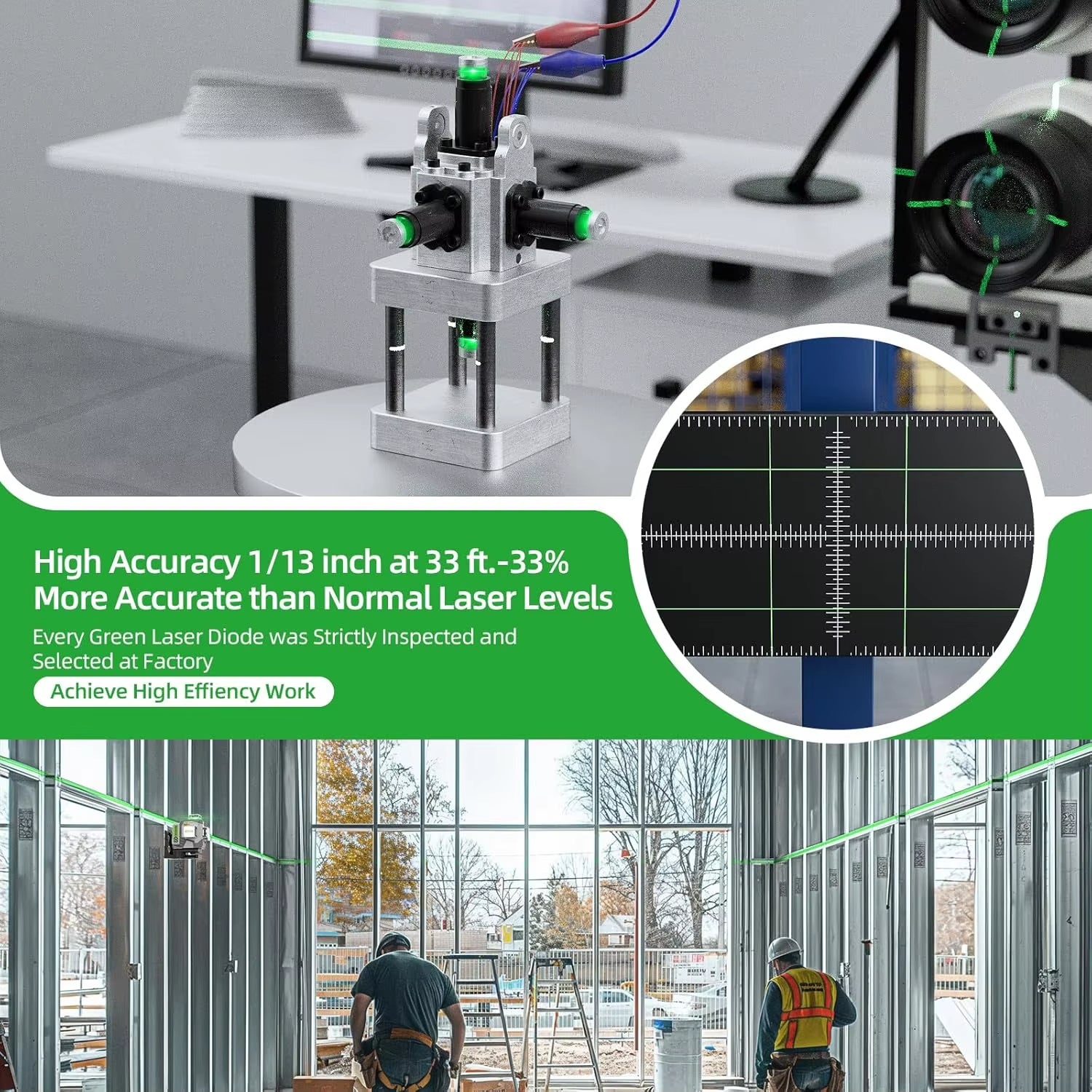 4D 16-Line Green Laser Level, 4x360° Self-Leveling, ±2mm/10m Accuracy, 8000mAh Battery, IP54, USB-C & Remote Control