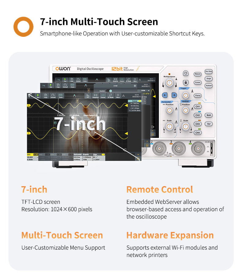 Digital Oscilloscope 2 Channels 1.25GSa/s 12-bit 7-inch Display USB HDM LAN Connectivity