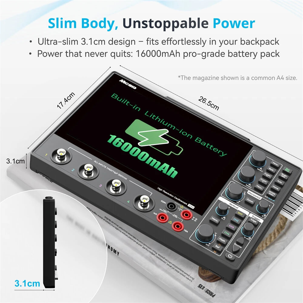 High Resolution Tablet Oscilloscope 12-bit 4 Channel 1GSa Sampling Rate Up to 200MHz Bandwidth Portable Touchscreen