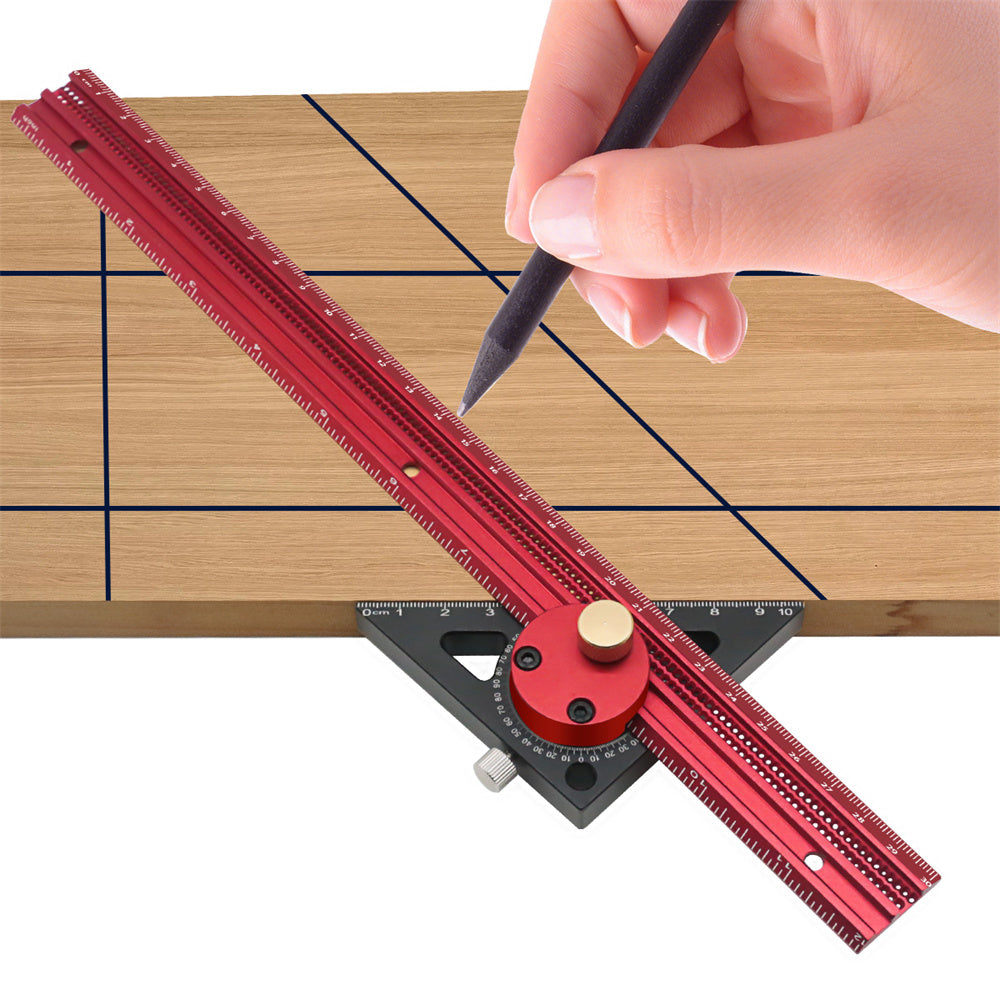 Premium Aluminum Carpentry Precision Scribe Ruler - T-Type, Hole Marking, Woodworking Square, 300mm/400mm, Red