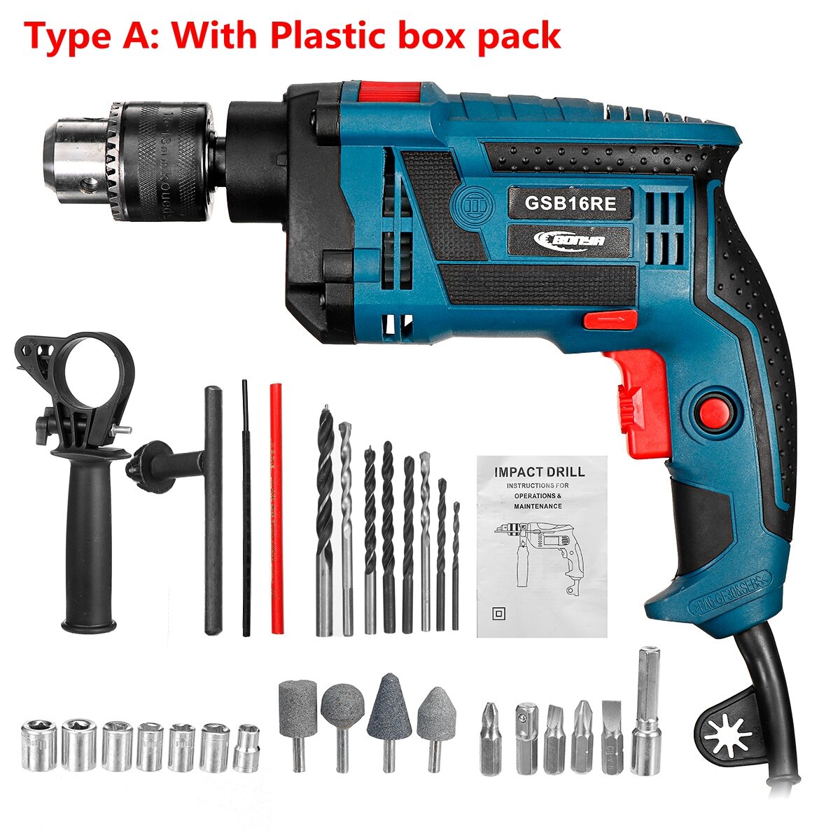 220V 1200W Electric Impact Hand Drill Bit Set Variable Speed Adjustable Woodworking Drill Power Tool