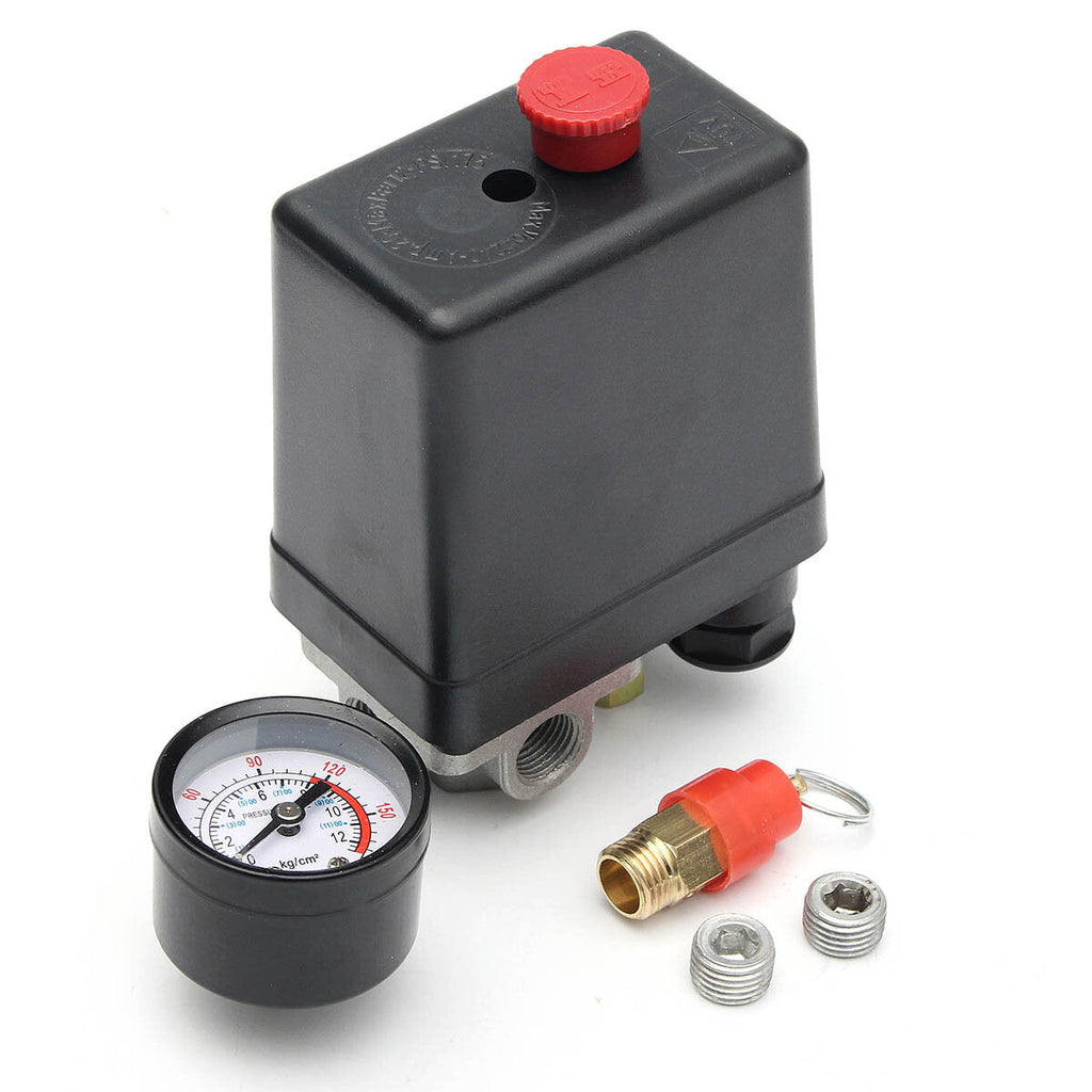 220V 1/4inch BSP 4 Port Single Phase Air Compressor Pressure Switch with Safety Valve Gauge