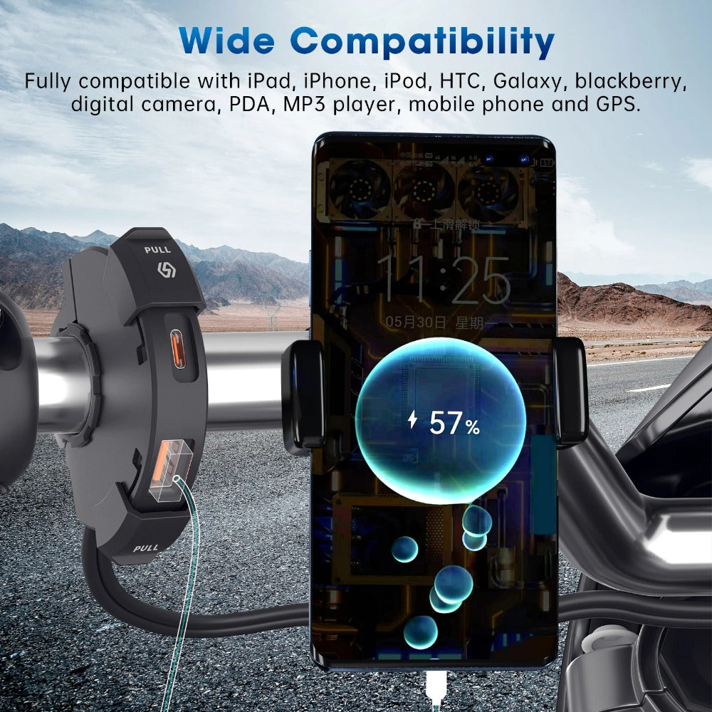 48W Waterproof USB-C Power Adapter for Motorcycles, ATVs - Dual Fast Charging Handlebar Mount Charger