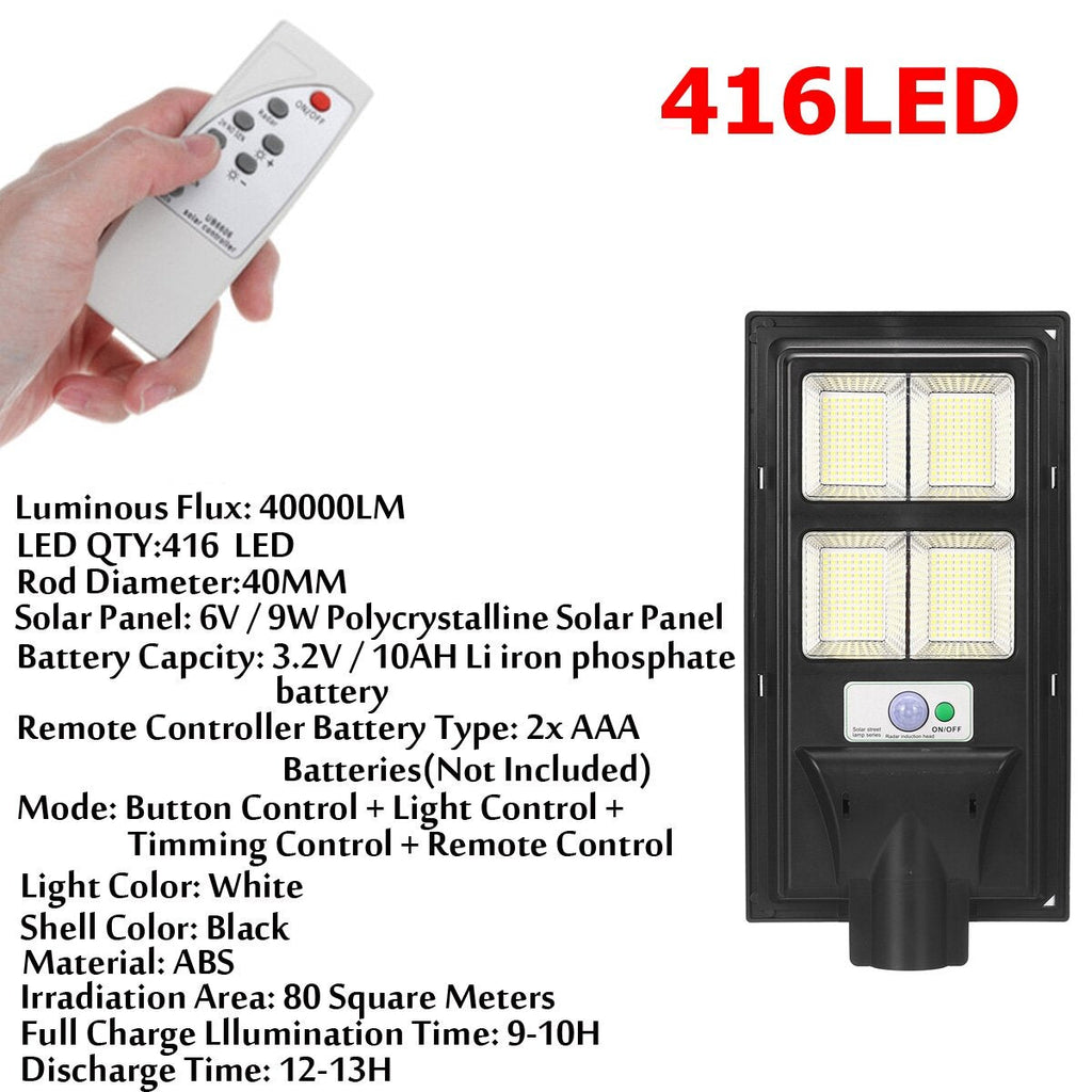 208/416/624/832LED Solar Powered Wall Street Light PIR Motion Sensor Dimmable Lamp + Remote Control