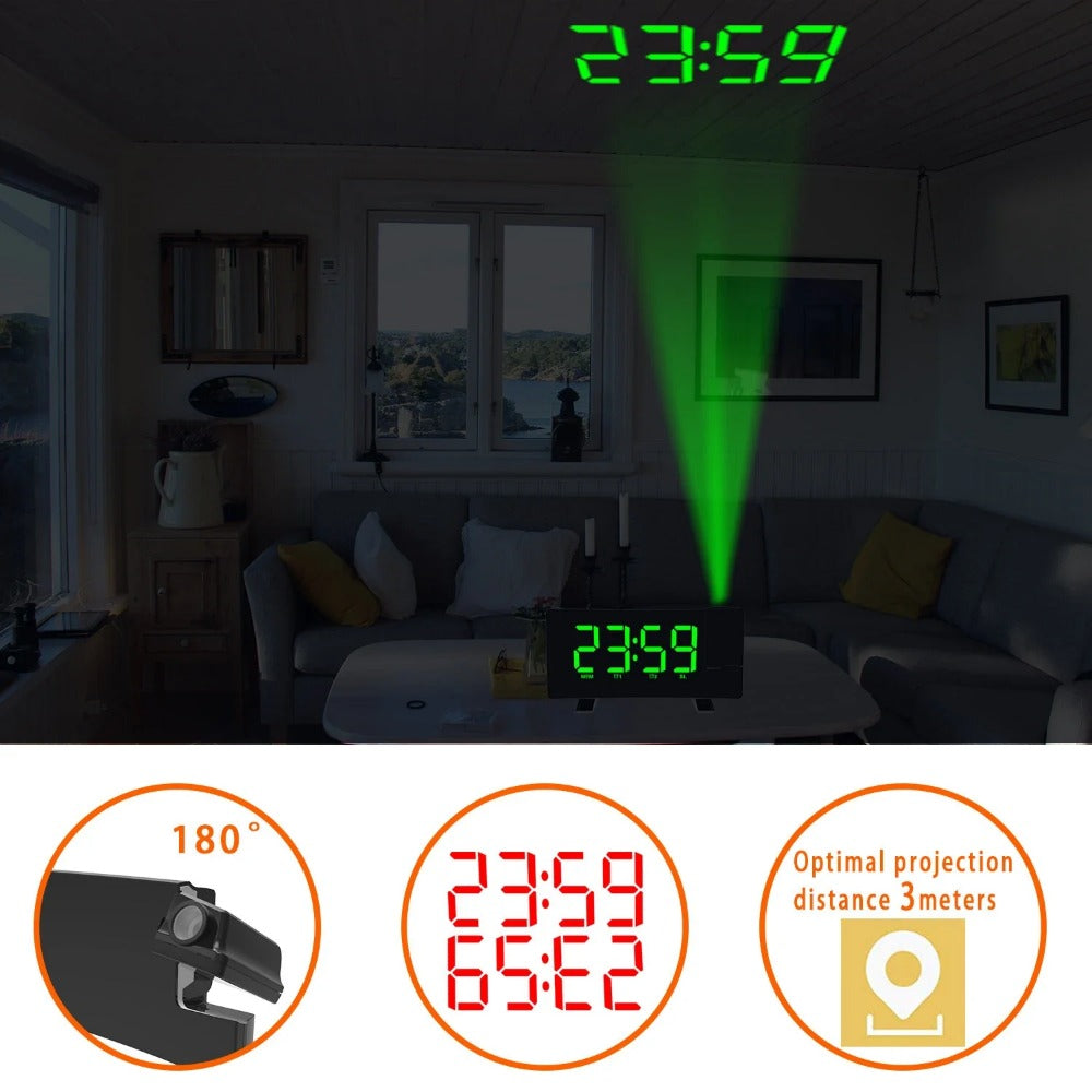 8-Inch Projection Alarm Clock: 180° Projector, FM Radio, Snooze, USB Charger & 3-Level Brightness for Bedroom