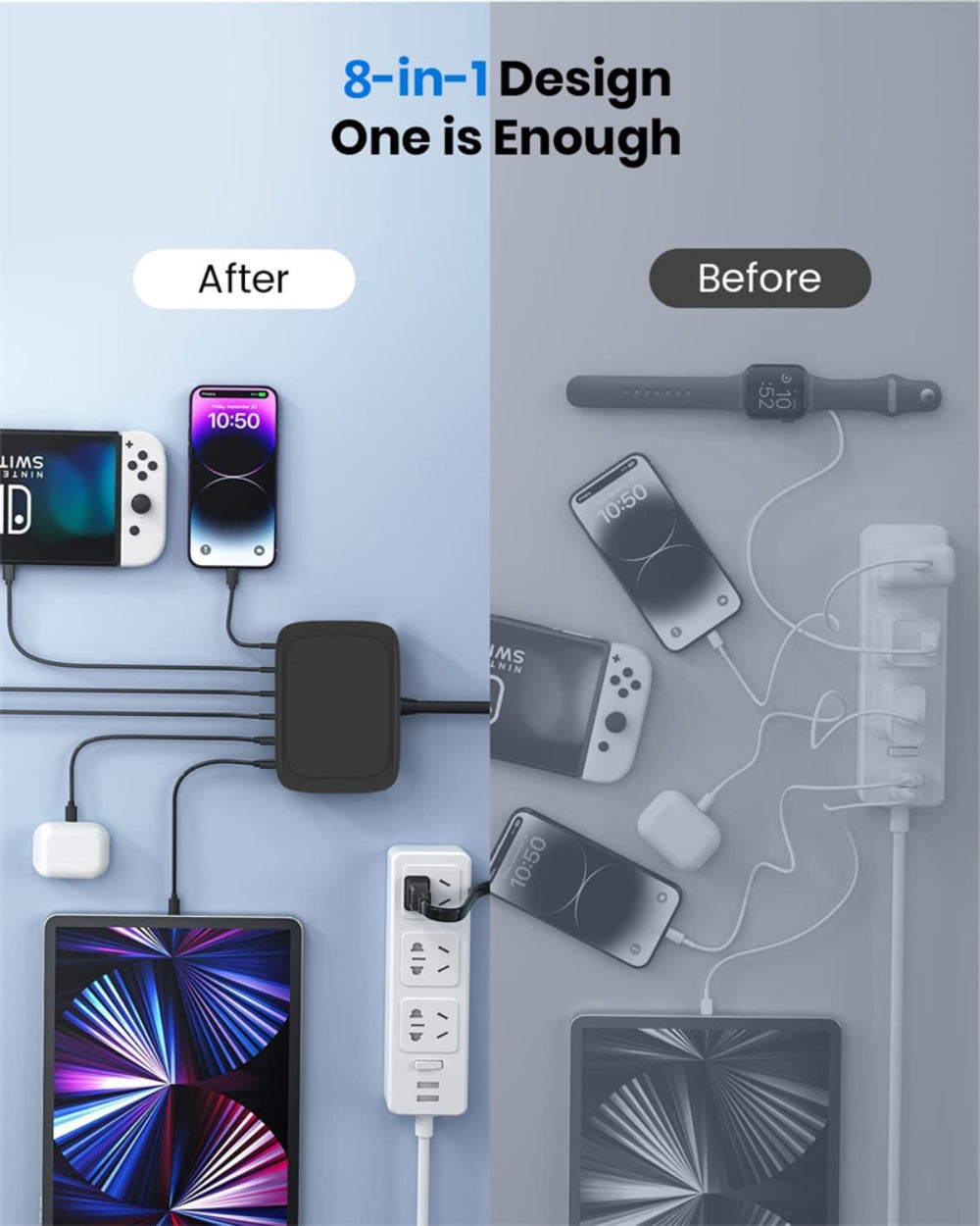 140W Desktop Charging Station with 4 USB-A & 4 USB-C Ports, Fast Charging, EU Plug, Compact & Portable