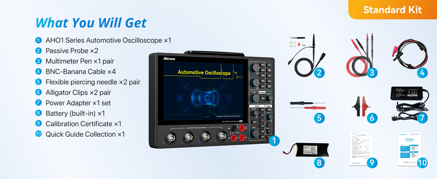 NEW Micsig AHO14-200 Automotive Oscilloscope 12bit 200MHz Bandwidth 1GSa/s Sampling Rate 4 Channels 110Mpts Memory 8 Inch Touch Screen