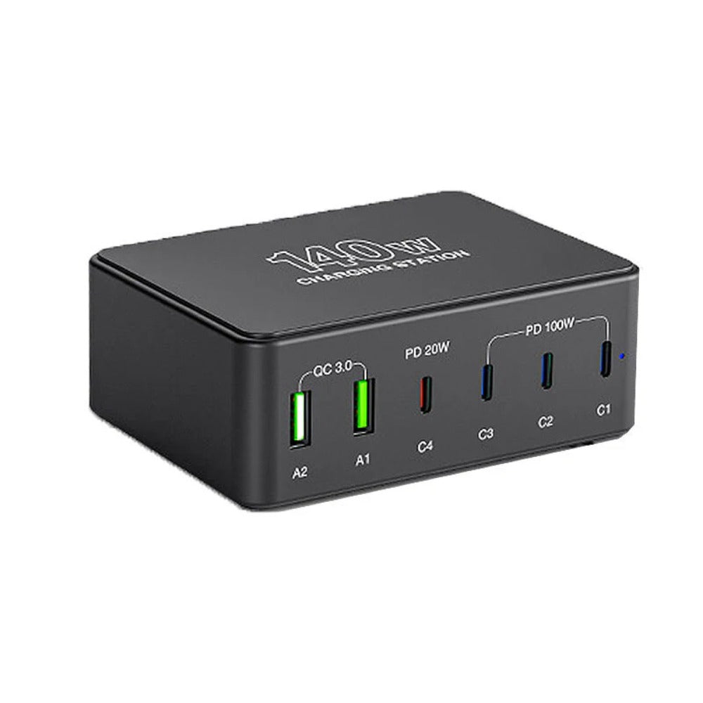 140W Desktop Charging Station - 2 USB-A & 4 USB-C Ports, EU Plug, Fast Charging, Compact Design, Black