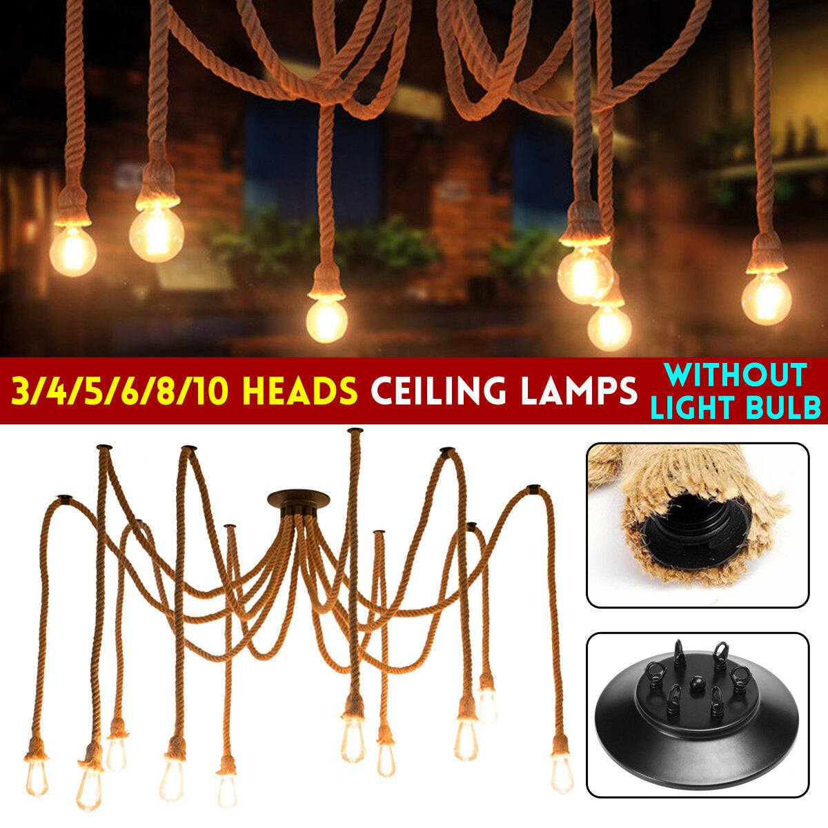 1.5M Industrial Hemp Rope Chandelier Ceiling Pendant Light E27 Lamp holder Light Fixture AC110-220V