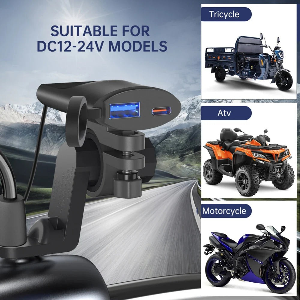 Dual Fast Charging USB Charger for Motorcycles, 30W USB-C & 18W USB-A, Safe, Portable, Easy Installation, Black