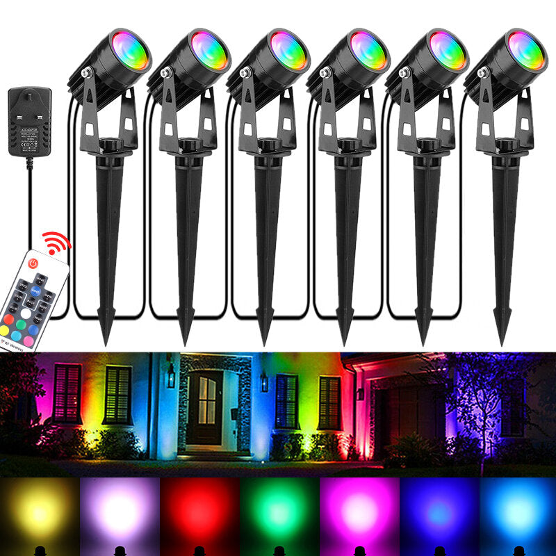 6Pcs RGB LED Garden Spike Lights Outdoor Spotlights Landscape Lamp Remote