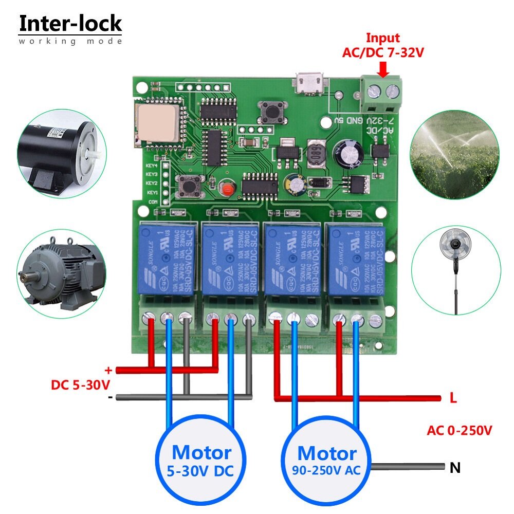 WiFi 4-way Relay Module Inching Momentary/Self-Locking/Interlock Switch Module Works with Amazon Alexa