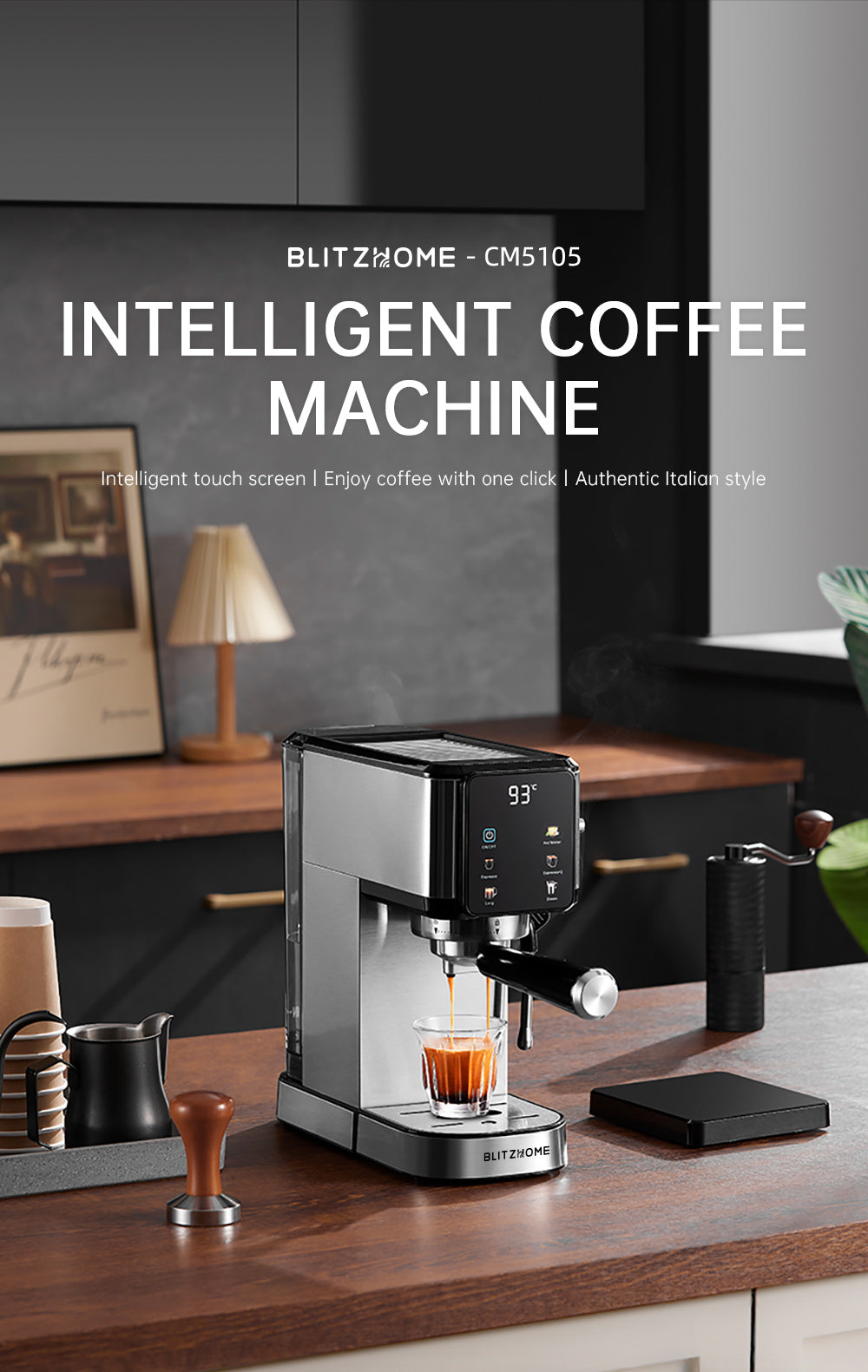 Semi-Automatic Espresso Coffee Machine 20Bar 1350W with Touchscreen Control Cup Warmer 1L Removable Water Tank