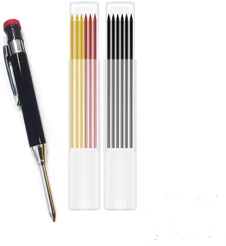 Metal Carpenter Pencil with Built-in Sharpener, Deep-Hole Tip, Marks on Various Surfaces, 154mm Length