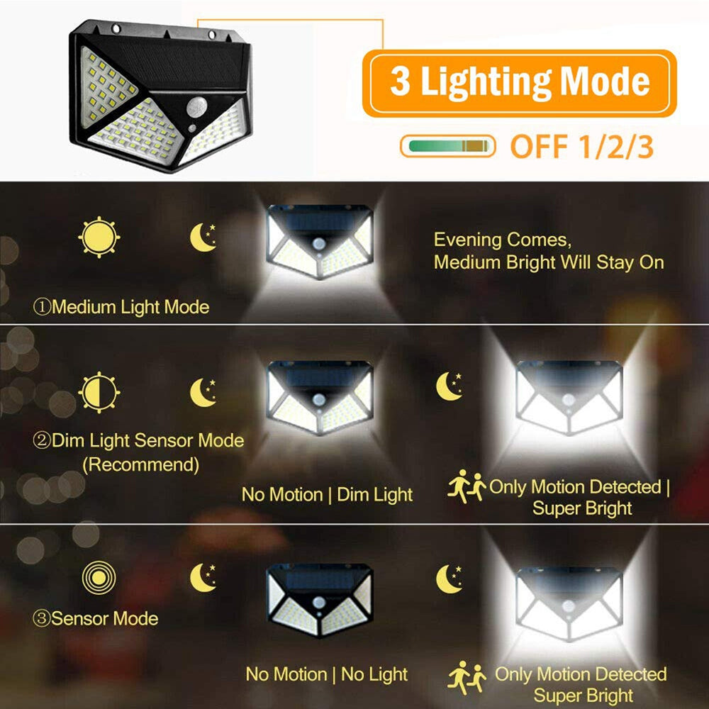 3pcs 100 LED Solar Powered PIR Motion Sensor Wall Light Outdoor Garden Lamp 3 Modes