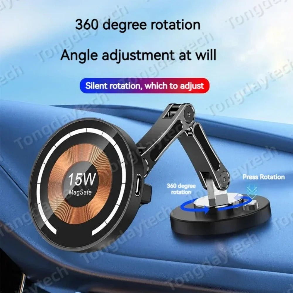 15W Magnetic Car Wireless Charger with USB Cable, 360° Rotation for iPhone 14/13/12/11 Pro Max & Samsung