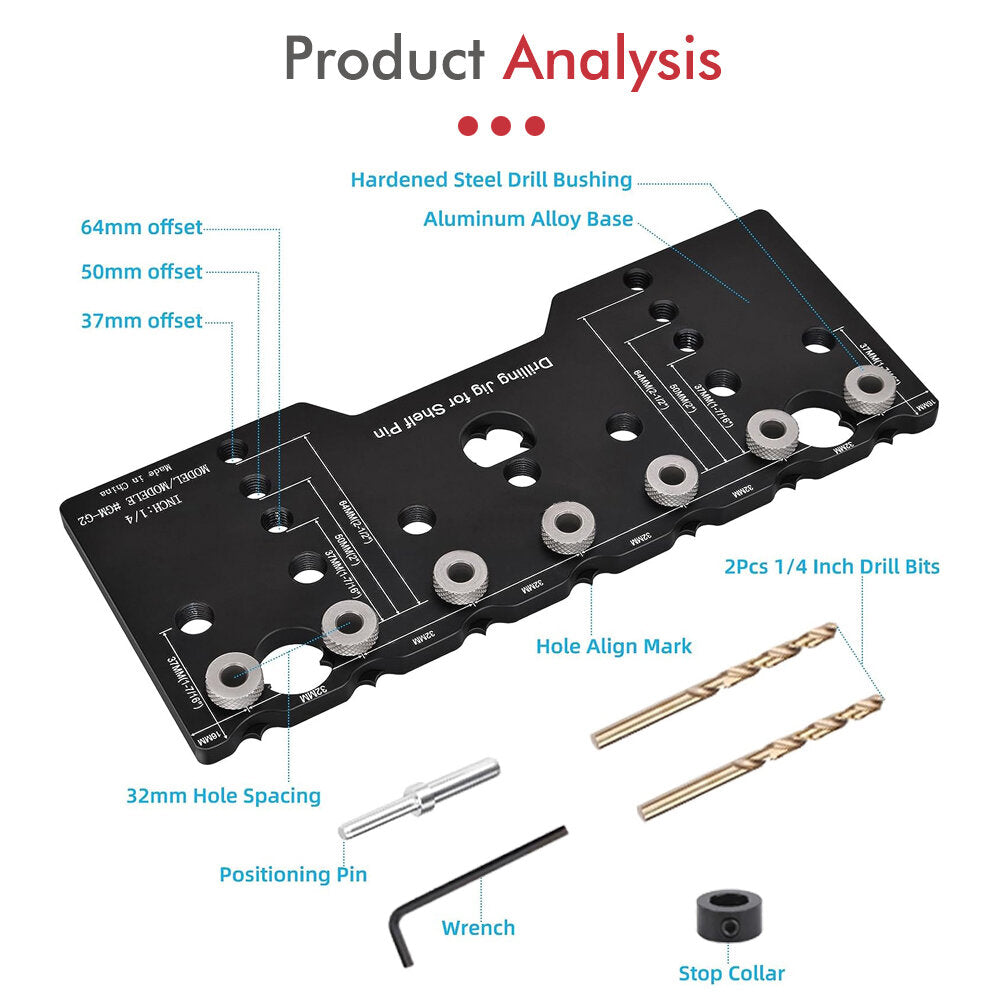 5mm Shelf Pin Jig for Precise Drilling, Adjustable Edge Distance, Durable Metal Construction, Includes Storage Box