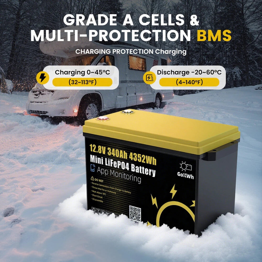 12V 340AH Vehicle Storage Box 4352Wh Mini LiFePO4 Battery Built-in 200A Bluetooth BMS