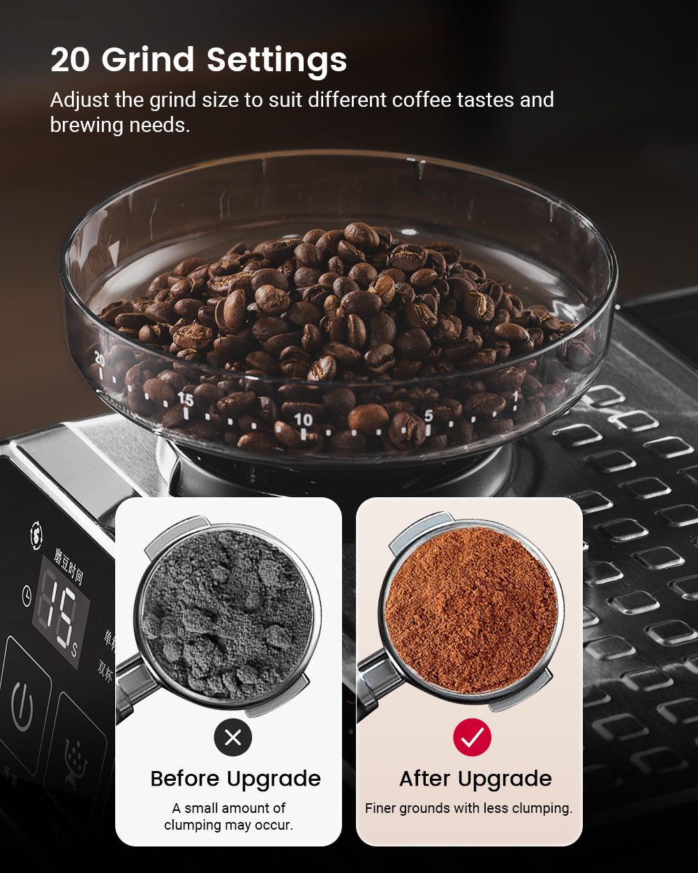 Espresso Coffee Machine 20Bar 1150W with Built-in Conical Burr Grinder PID & NTC 51mm Portafilter Manual Steam Wand