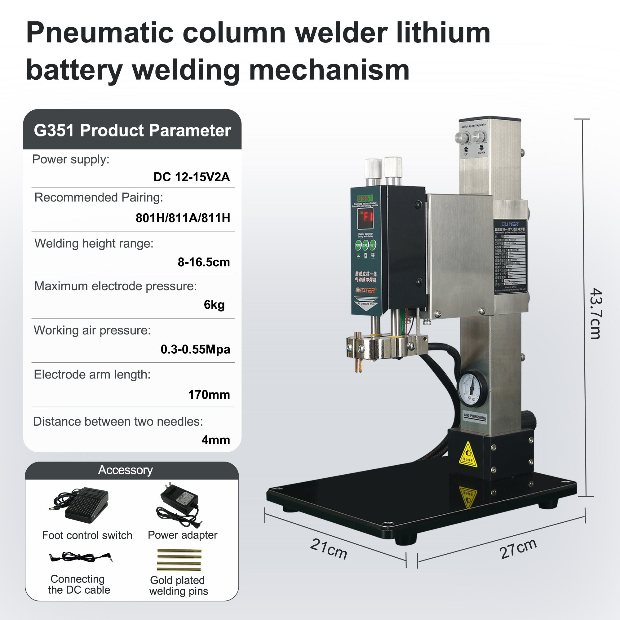 Pneumatic Column Spot Welder Head for Lithium Battery Welding 6kg Max Pressure Adjustable Height for 801H/811A/811H Welding Machine