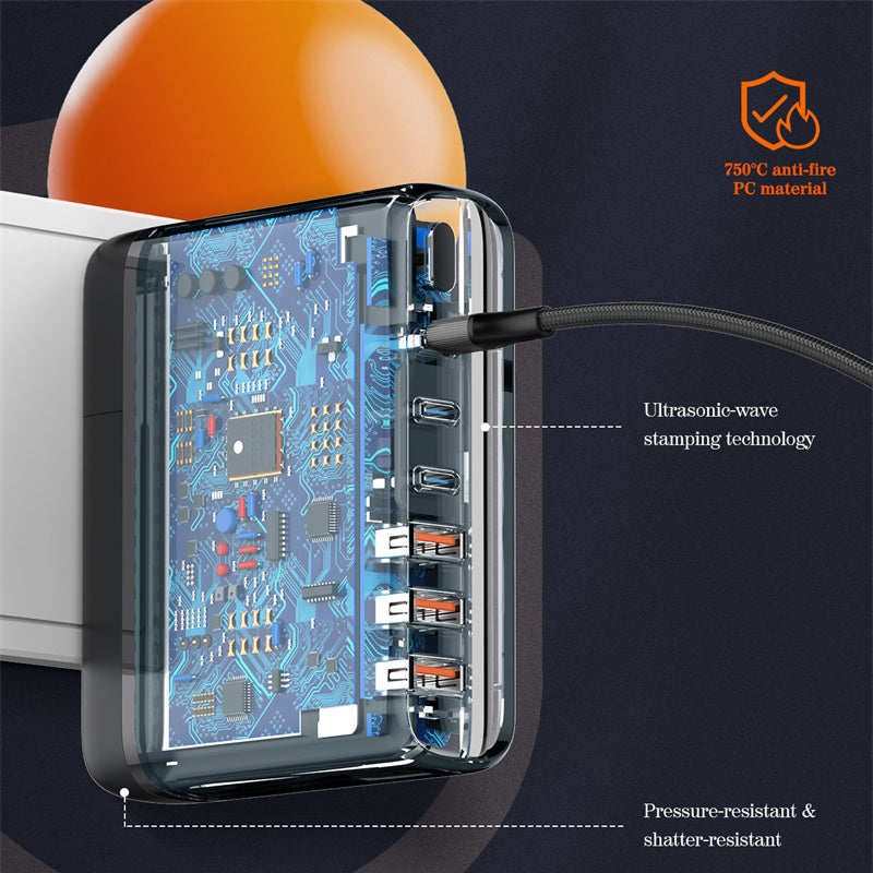 140W 6-Port USB PD Charger - 3 USB-C & 3 USB-A Ports, Fast Charging, Compact Design, Black, Travel Friendly