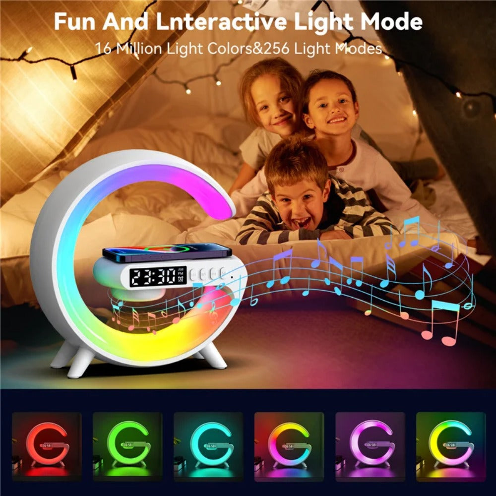 15W Fast Wireless Charging Bedside Lamp with Bluetooth Speaker, 9 Light Modes, AUX & TF Card Support, Mini Size