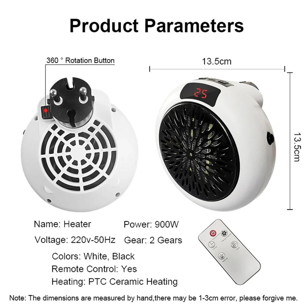 900W Mini Portable Electric Heater Fan - Wall Outlet Warm Air Blower for Home & Office