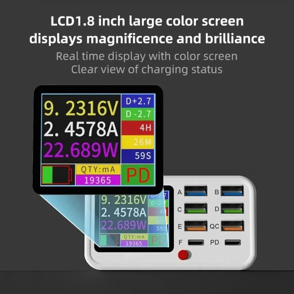 65W Dual C Ports Fast Charger with Wireless Charging, Intelligent Charging, Display Screen & Multiple Ports for Devices