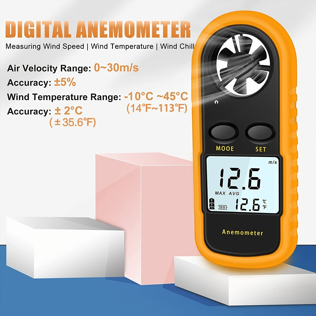 Mini Handheld Anemometer Wind Speed Temperature Gauge With Digital LCD Display