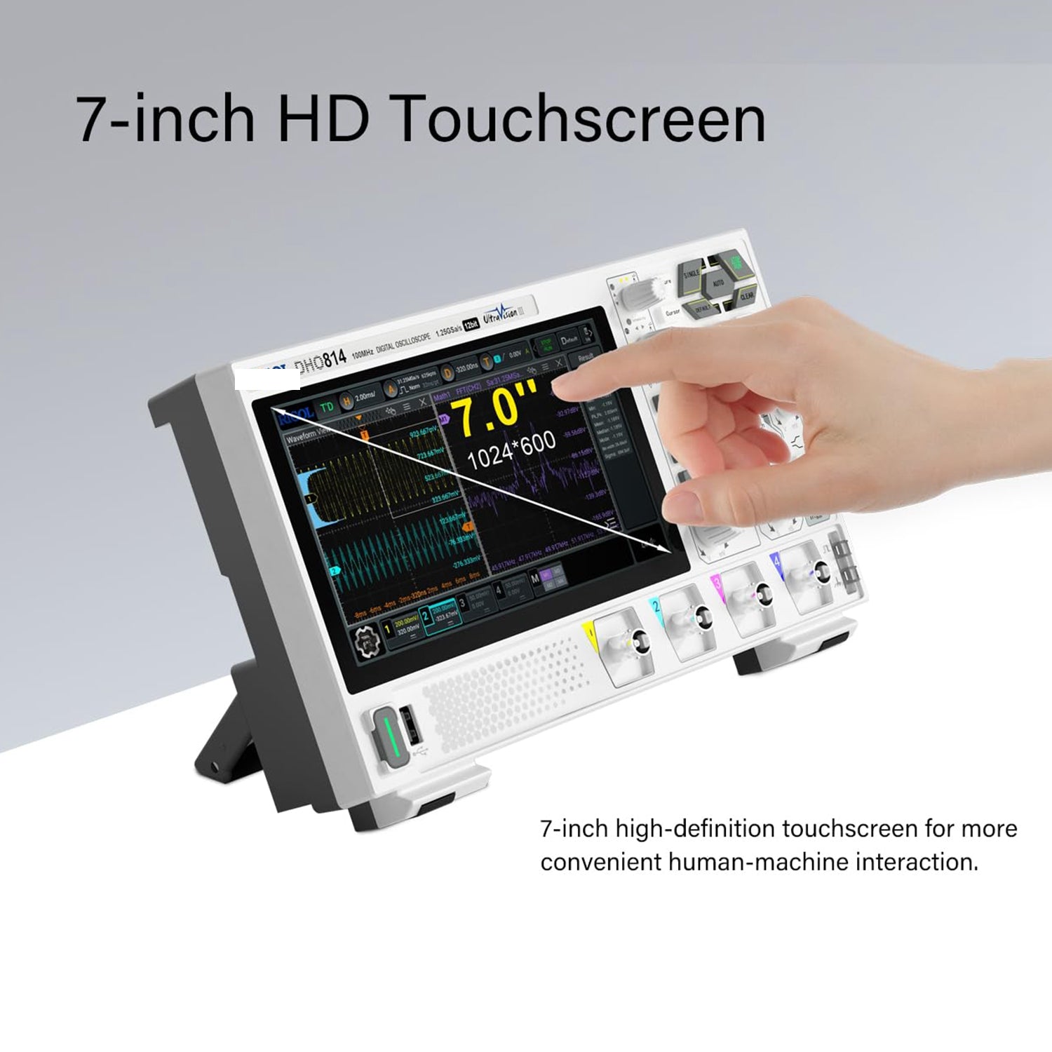 Digital Oscilloscope 70MHz 12-bit Resolution 1.25 GSa/s Sample Rate 1,000,000 wfms/s Capture Rate 7 inch Touch Screen USB LANHDMI
