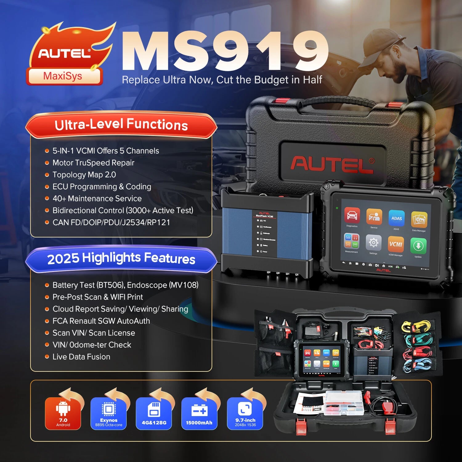 Advanced Diagnostic Tool Features Topology Mapping ECU Programming 5-in-1 VCMI Active Test 40+ Services Auto Scan Android 7.0