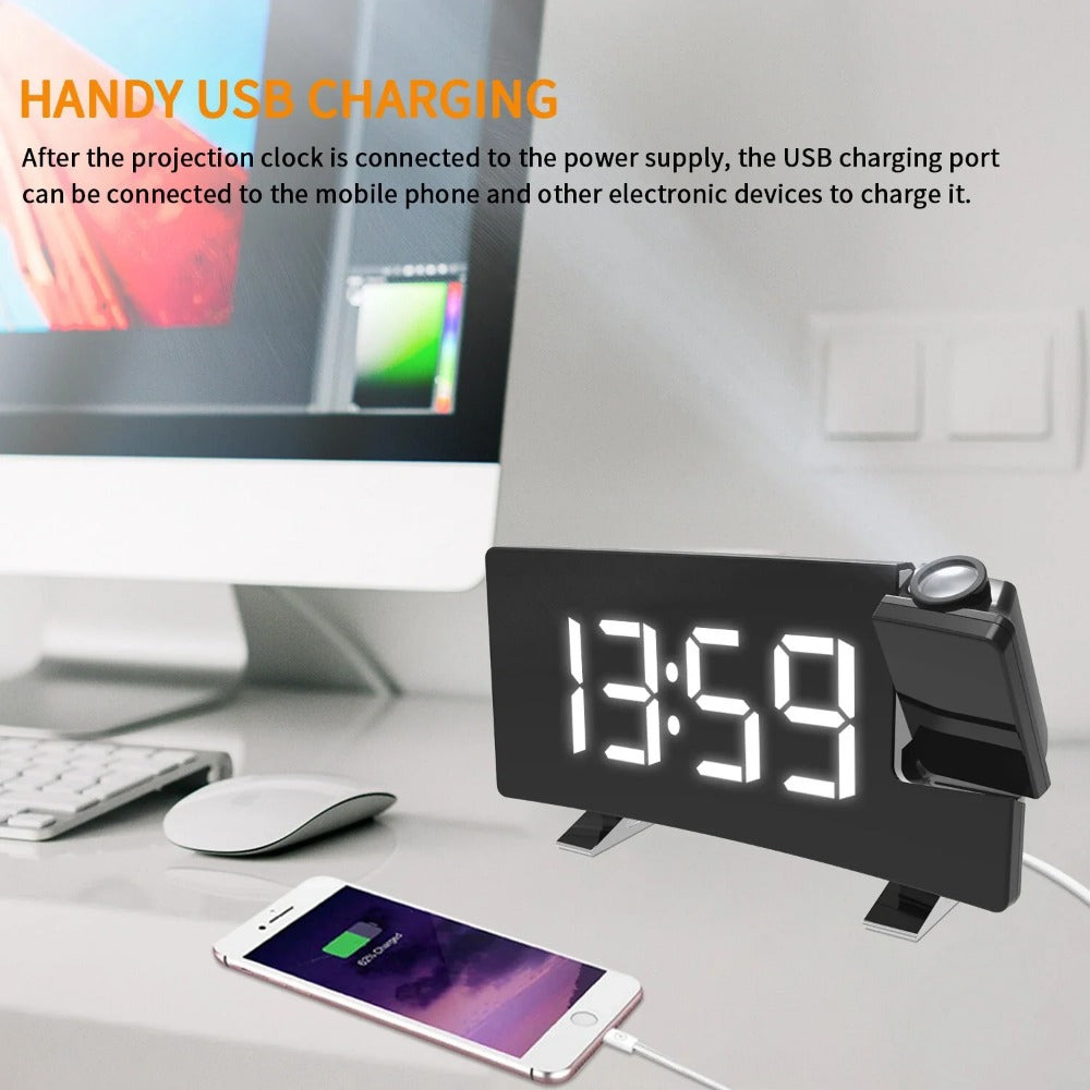 8-Inch Projection Alarm Clock: 180° Projector, FM Radio, Snooze, USB Charger & 3-Level Brightness for Bedroom
