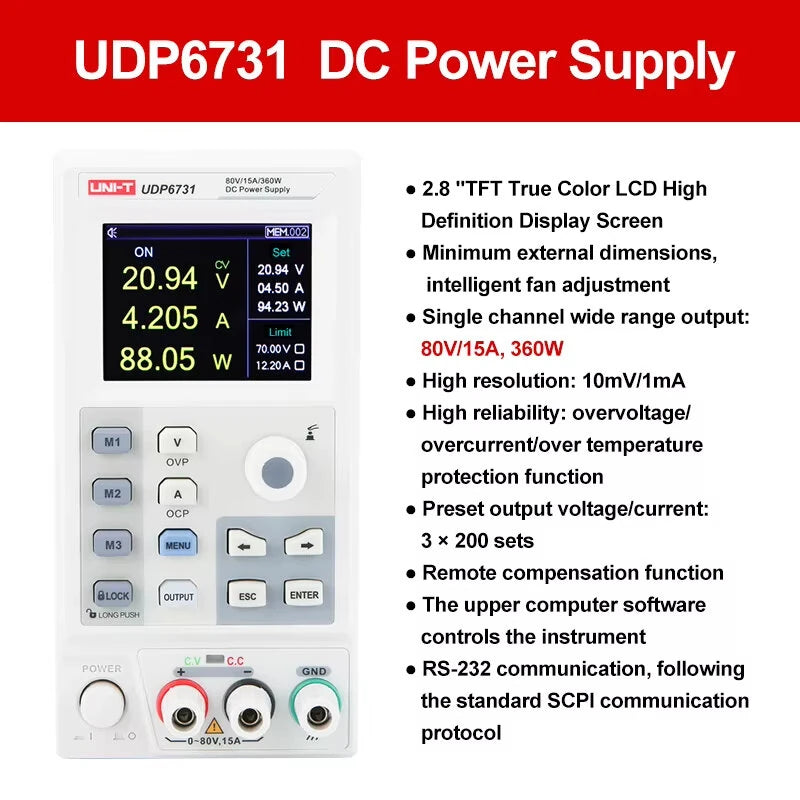 DC Power Supply 0-80V 0-15A 360W Digital Programmable Power Supply Low Ripple RS-232 Communication Adjustable Voltage and Current
