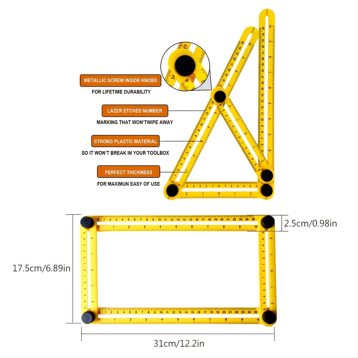 1pc Multifunctional Industrial Angle Measurement Foldable Four-fold Ruler 31cm*17.5cm