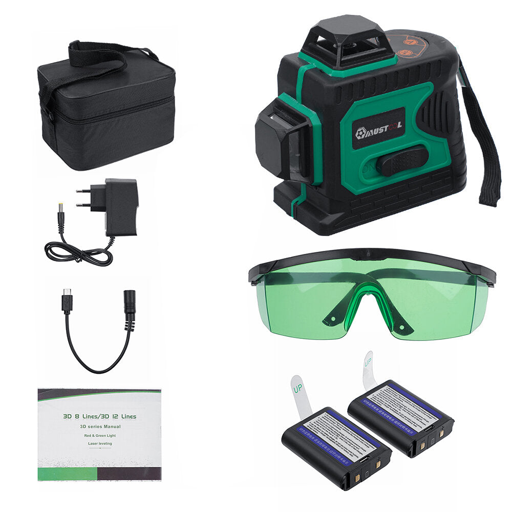 3D Green Auto Laser Level 12 Lines 360 Horizontal & Vertical Cross Build Tool Measuring Tools with 2 Batteries