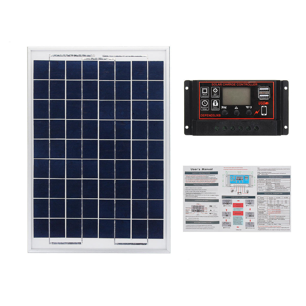 18V 20W Class A Polysilicon Solar Panel + 12V/24V 10~60A PWM Solar Controller with LCD Display Kit